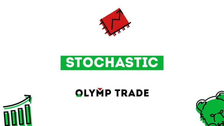شعار olymp trade و فوقه STOCHASTIC حول اطار أخضر و فوقها رسم بياني صغير أحمر و على أطراف الصورة دب و رسم بياني أخضر